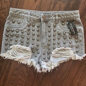 Fashion Nova Light Gray Studded Distressed Denim Shorts